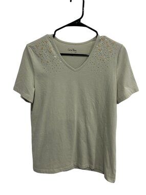 Coral Bay Large V-Neck T-Shirt Green Studs Cotton Blend Casualcore Calmcore